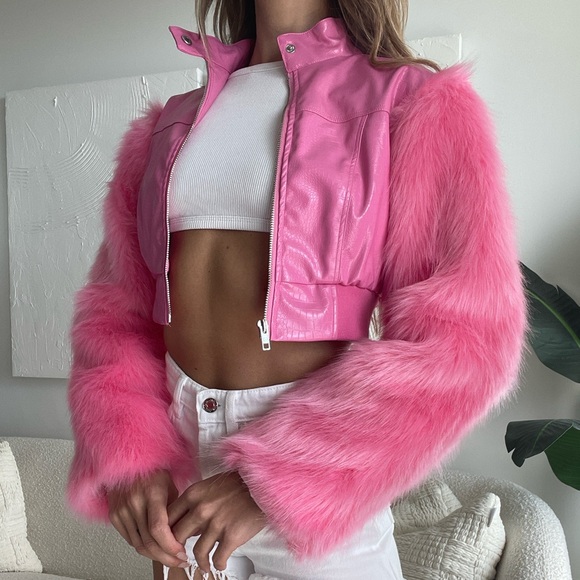 SHEIN Jackets & Blazers - Pink Cropped Fur Sleeve Jacket